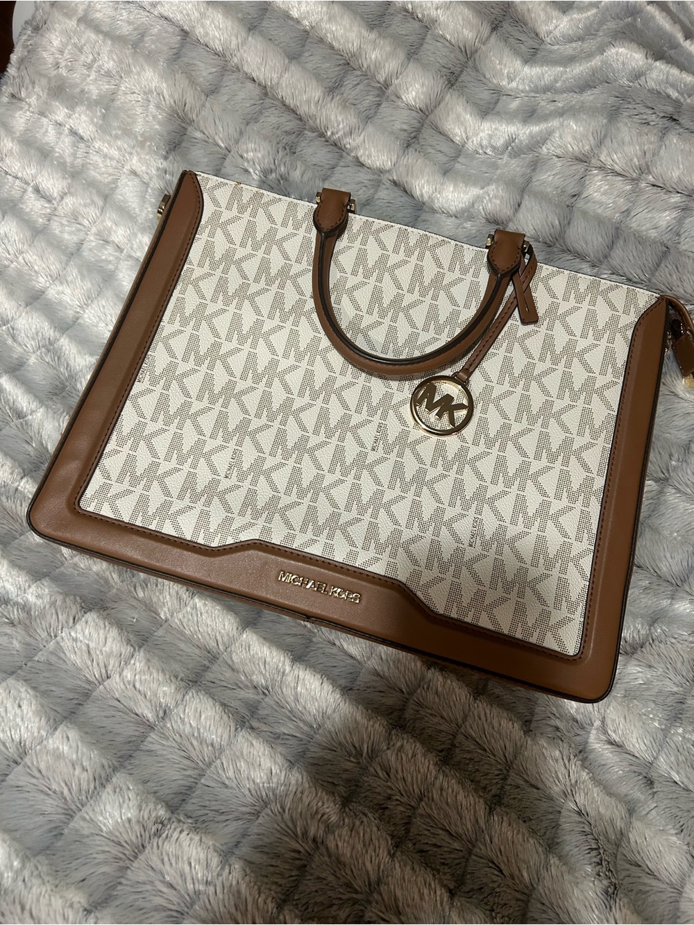 Michael Kors Ivory & Brown MK Signature Satchel